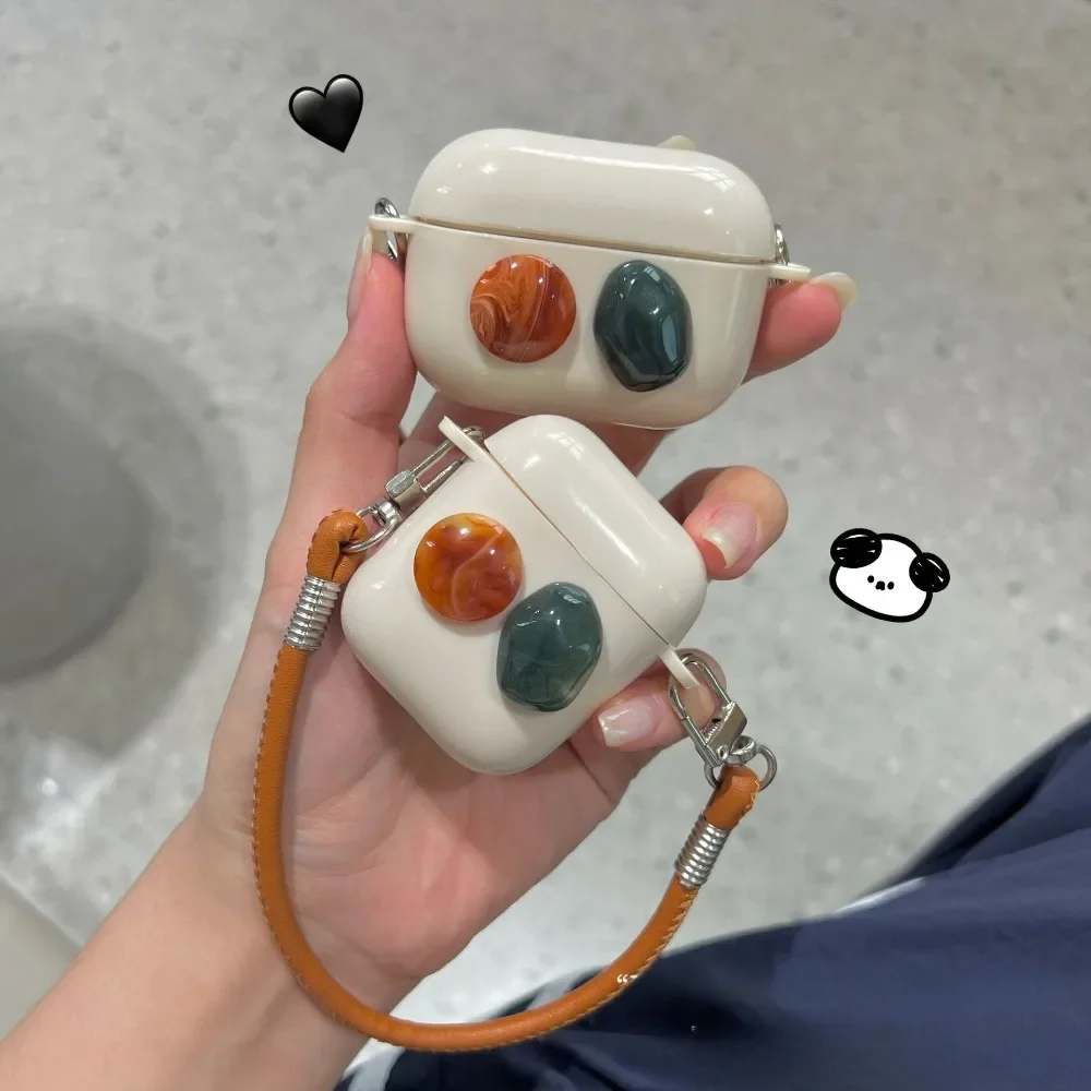 Luxury Gemstone Stone Winter Case For AirPods Pro 2nd Soft Silicone Leather Portable Rope Beige Cover For AirPod 3 Earphone Box