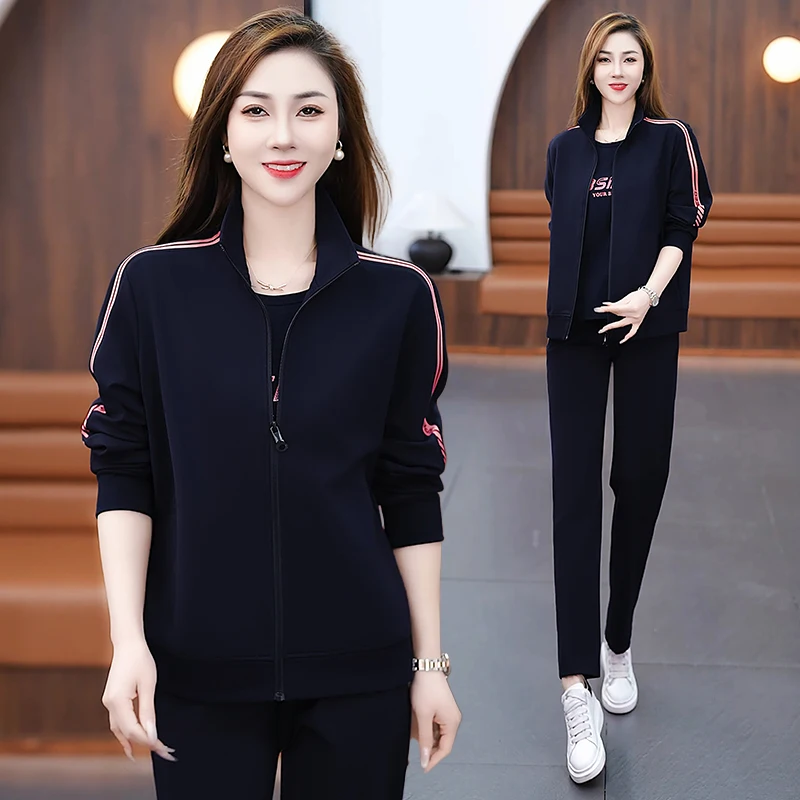 

Повседневный спортивный костюм-двойка для женщин среднего возраста: весенний, модный, из смесового хлопка и полиэстера, на молнии