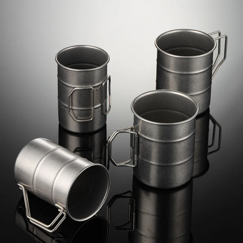 الرجعية الفولاذ المقاوم للصدأ التخييم في الهواء الطلق أكواب مياه أكواب البيرة للطي مقبض النفط برميل شكل أكواب القهوة سعيدا إلى الأصدقاء #4