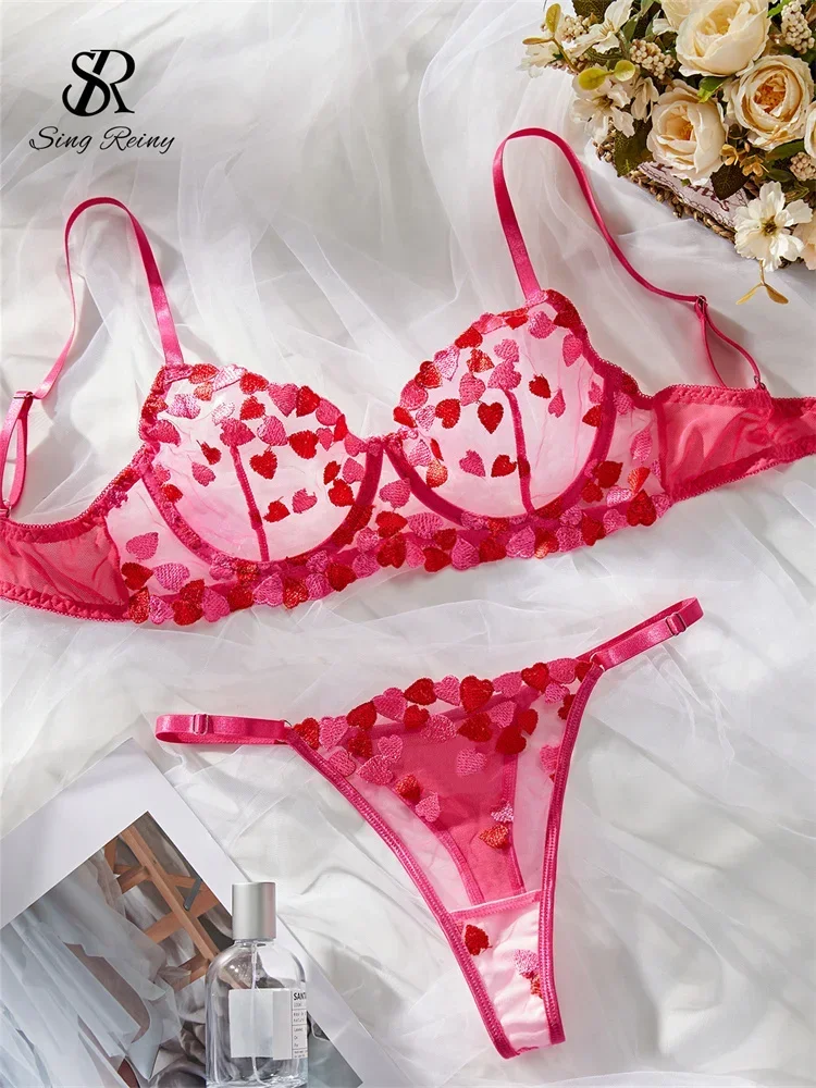 SINGREINY Porno Love Embroidery Sexy Bra&Brief Sets Fashion Sheer Club Sleepwear Women Transparent Sheath Lace Underwear Suits