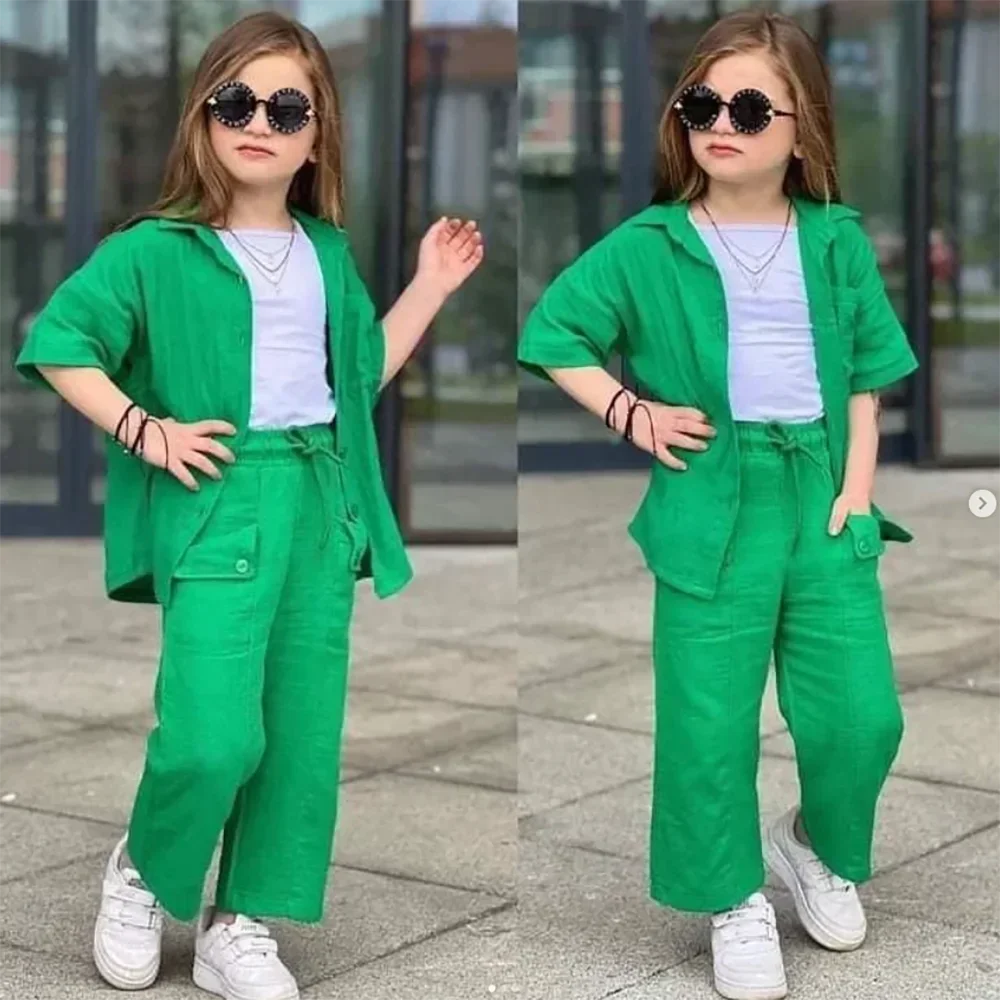 Summer High-end Skin Friendly Linen Girls Blazer Double Breasted Lapel Kids Jacket+Pants Loose Formal Teenage Casual Outfits