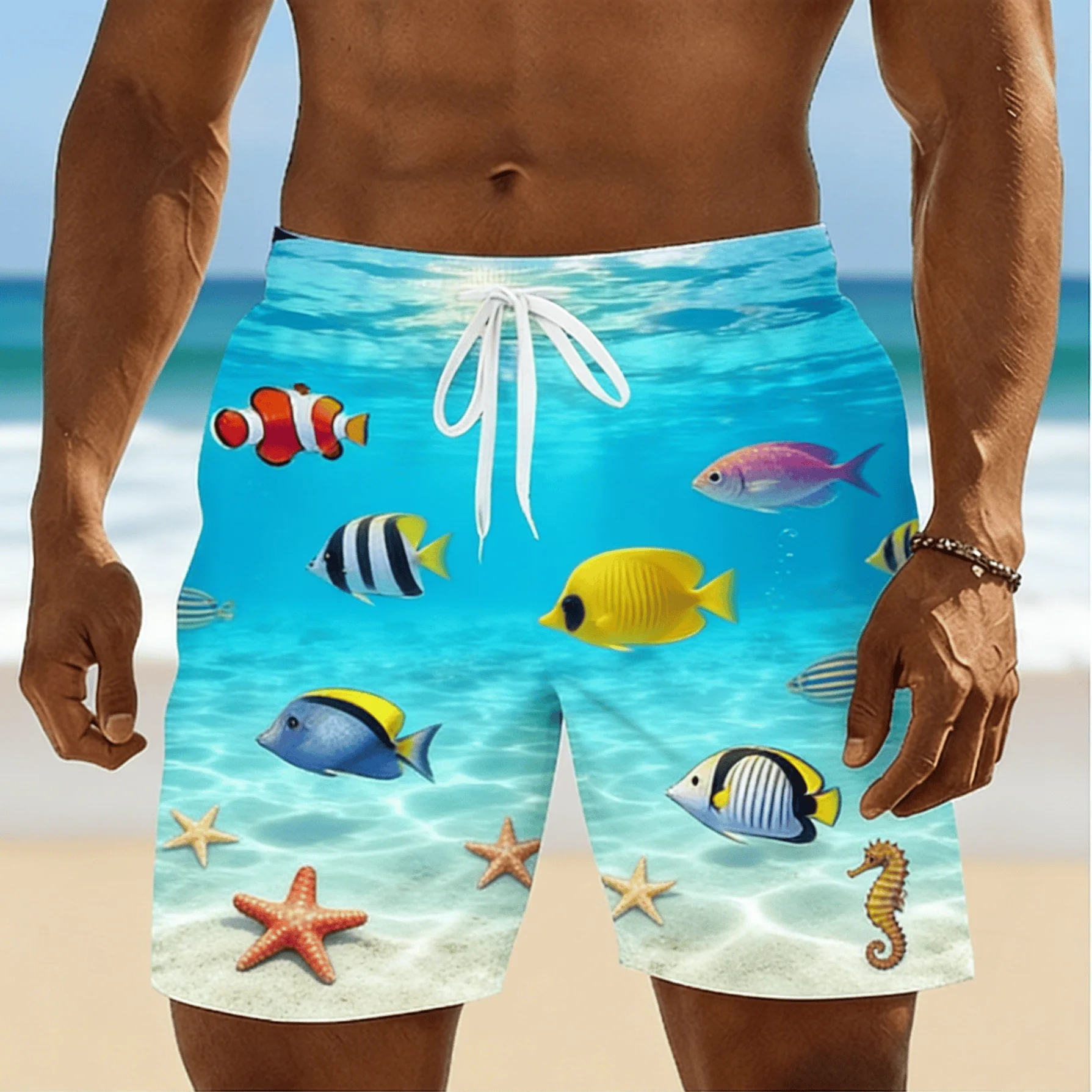 Men's Ocean Style Sea Turtle & Coral Print Beach Shorts, Breathable Spring Summer Casual Vacation Trunks