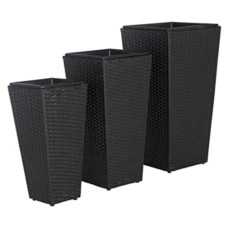 Outdoor patio set: black metal flower pot collection for backyard, porch, sunroom, or garden use fully assembled, weather-resis