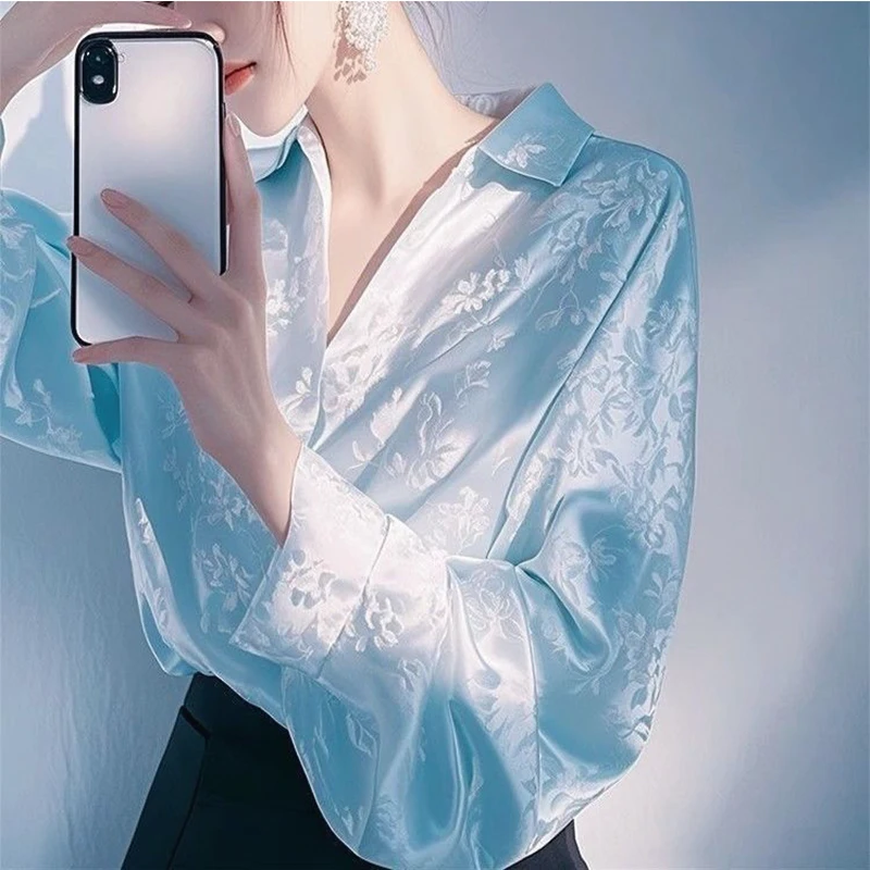 

New Satin Finish Shirts Blouses Women OL Office Lady Long Sleeve Button Up Elegant Shirt French Solid Blouse Korean Tops