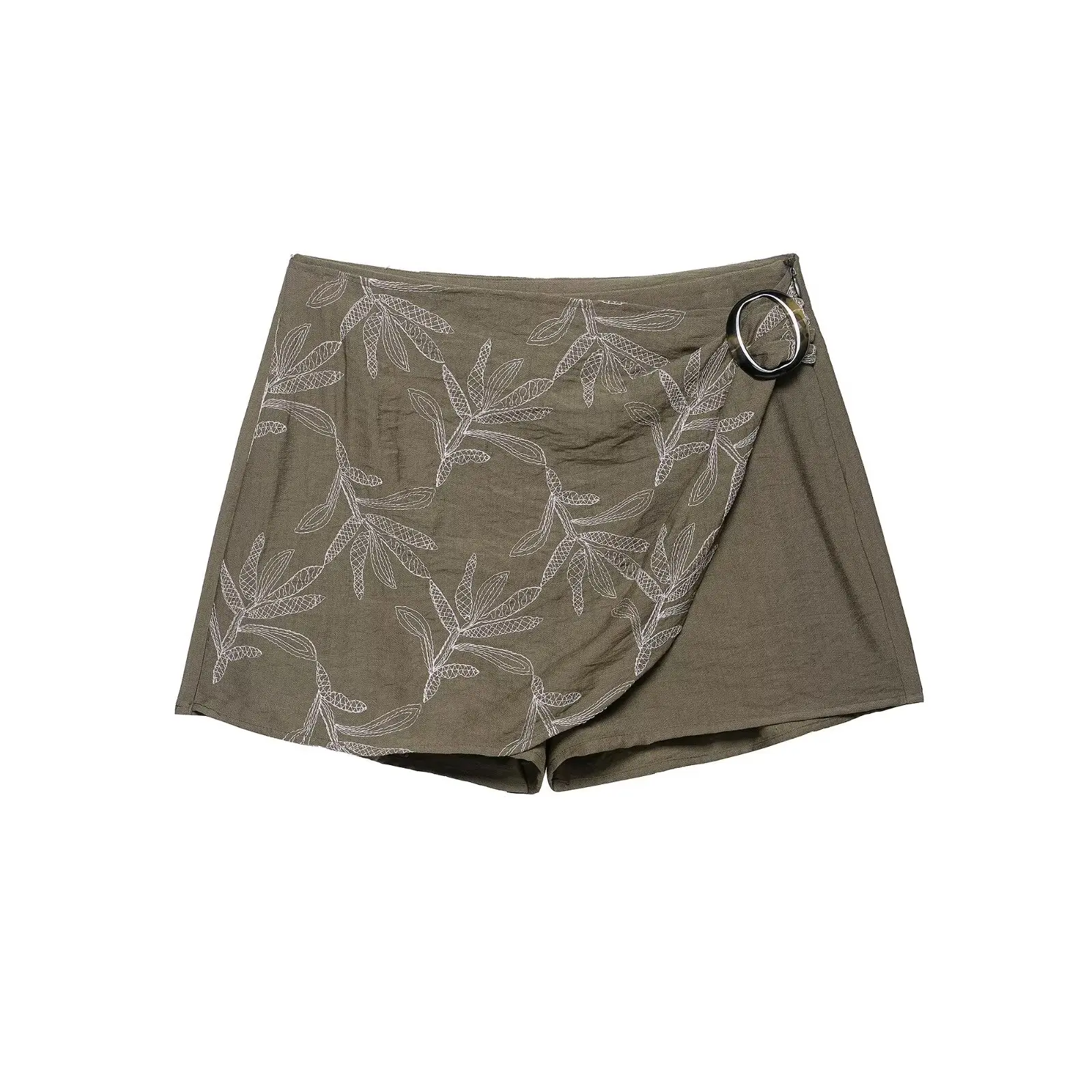 Retro Military Green Elegant Women's Suit Embroidered Short-Sleeved Shirt + Zipper-Fastened Slim-Fit Mini Skirt 2025 Casual Suit