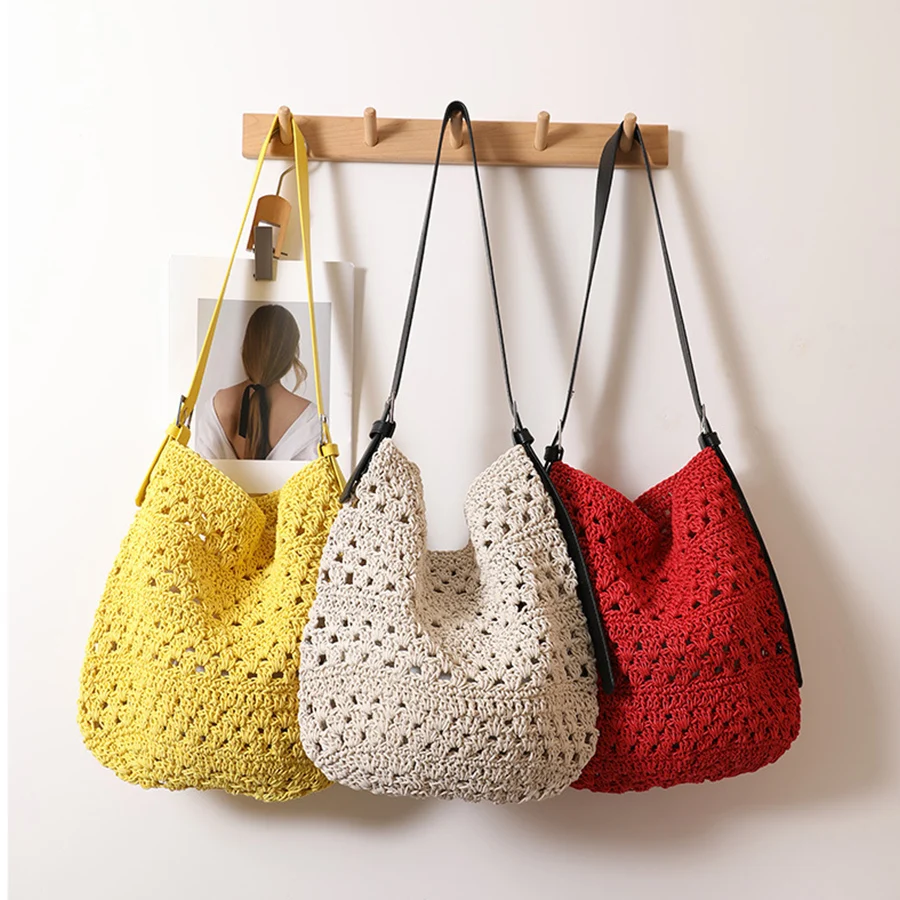 

Women's Boho Crochet Bag Designer Hollow Out Knitted Handbags Large Capacity Summer Beach Woven Shoulder Bag Girls Tote Shopper