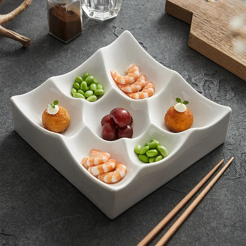 Special-shaped multi-grid exquisite small salty cold dish plate ceramic high-end hotel white tableware combination snack platter