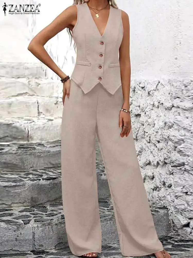 Fashion Work OL Tracksuits ZANZEA Summer Women Pants Sets 2PCS Sleeveless Tops Wide Leg Trouser Suit Casual Solid Two Pieces Set