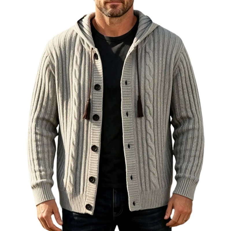Hochwertige Herren-Cardiganjacke mit Kapuze, gerippt, Retro, dick, warm, mit Knöpfen, Herbst-Winter, lässige Oberbekleidung, Streetwear-Oberteil – Detail 1