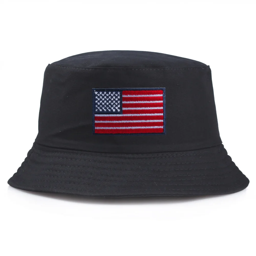 

New Embroidered National Flag Fisherman Hats For Men And Women Fashion USA Flat Top Basin Hat