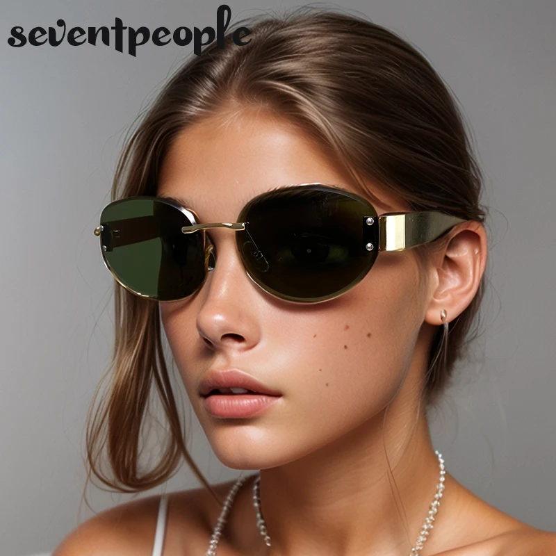 

2025 Luxury Y2K Punk Oval Sunglasses Women Vintage Rimless Metal Frame Sun Glasses UV400 Protection Stylish Eyewear For Ladies