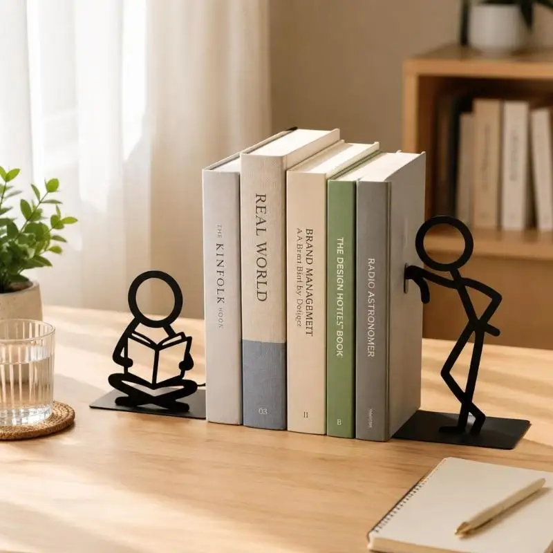 CORA Bookshelf Bookends in Black Iron, Two Complementary Figure Supports for Arranging Books in Libraries, Offices, and Reading