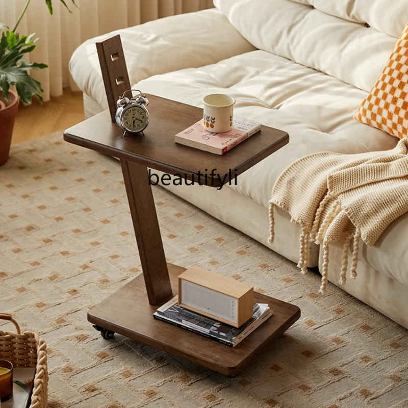 

Movable Sofa Side Table Living Room Double-Layer Pulley Coffee Table Multi-Functional Corner Table Small Table