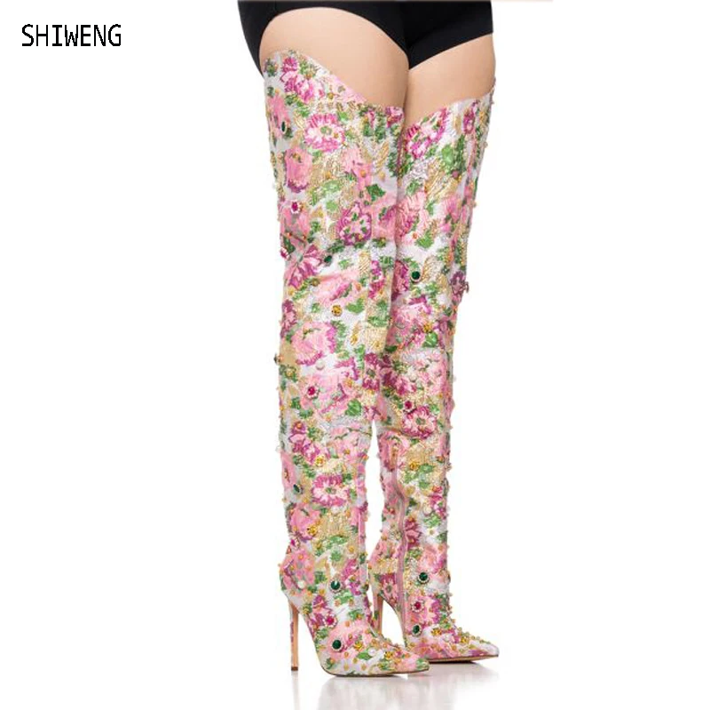 

2024 Shipping Woman Pink Embroidery Python Over The Knee Boots Lady Pointed Toe Flowers Zipper Thigh High Long Knight Boots 44