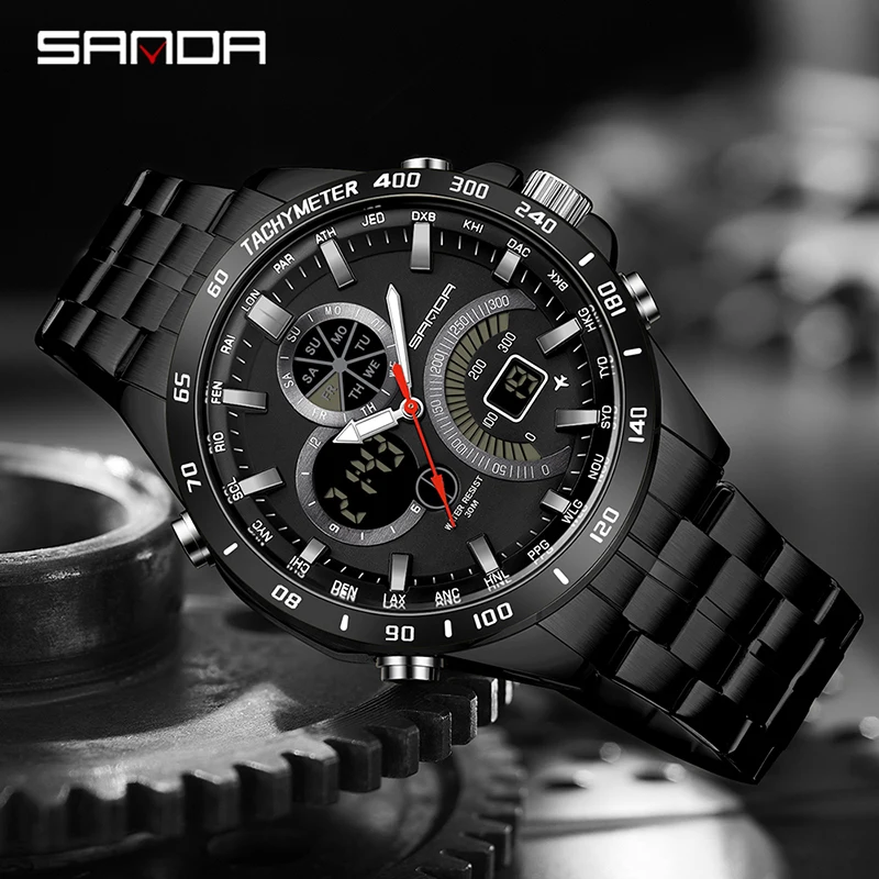 SANDA Men Expensive Hot Selling Military  Electronic Quartz Watch Full Steel  Core Black Technology Multi Functional Waterproof