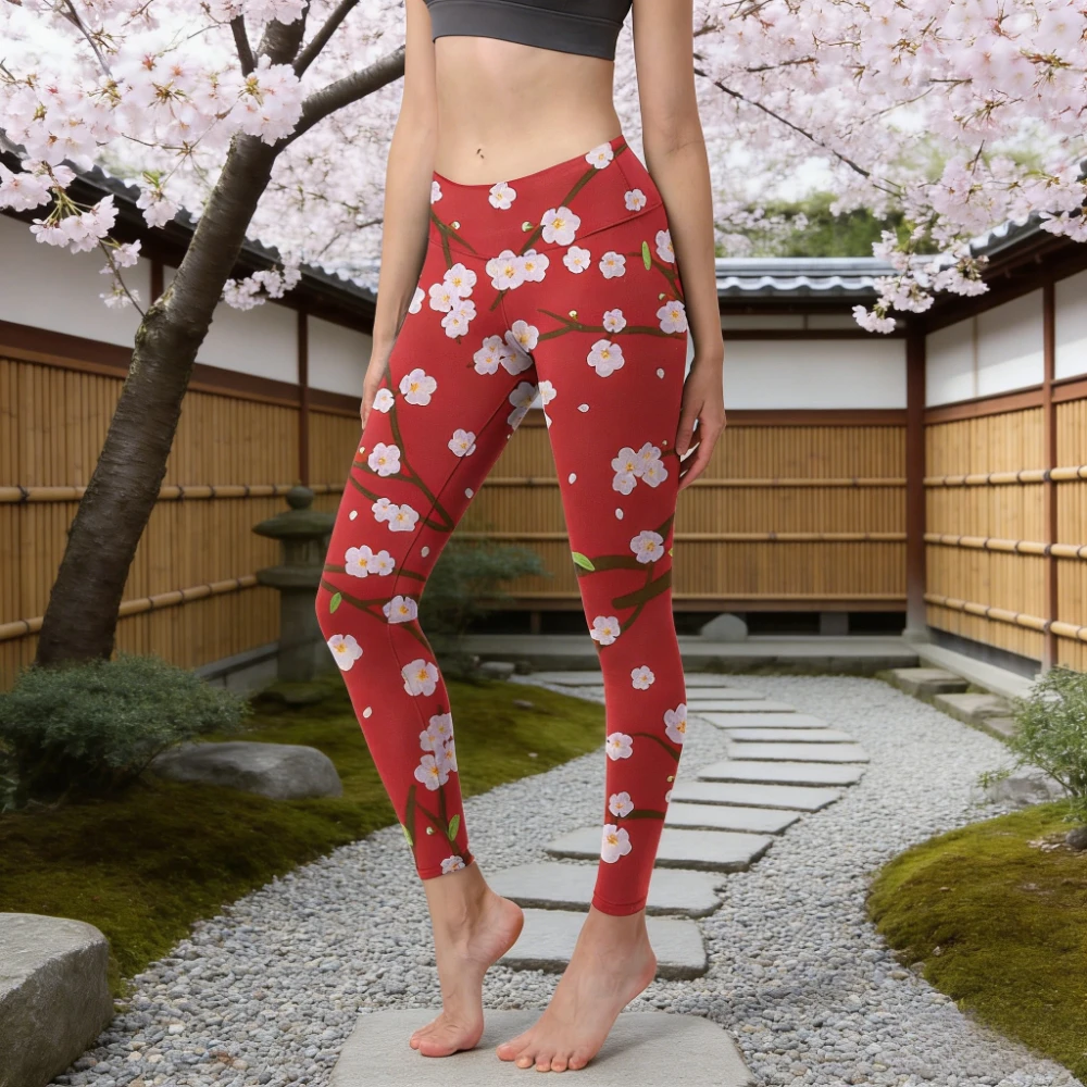 

Леггинсы для йоги с высокой талией в японском стиле с принтом вишневого цвета, мягкие тайтсы для женщин, для фитнеса, спортзала, йоги, бега, спортивная одежда
