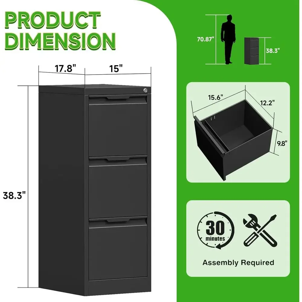 Metal File Cabinet with Lock, Heavy-Duty Storage for Letter/Legal/A4 Files, Easy Assembly, Black