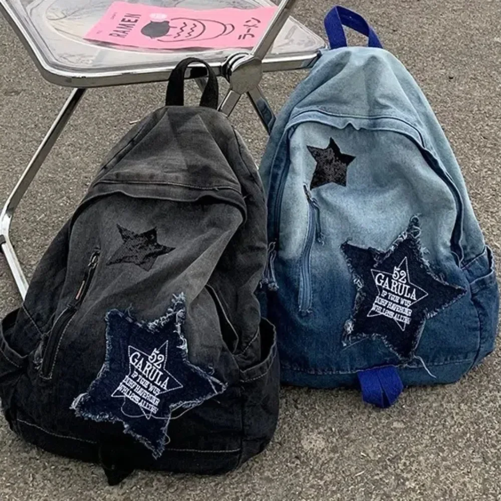 

Fashion Star Pattern Denim Backpack Large Capacity Punk Book Bag Y2K Student Schoolbag Adults