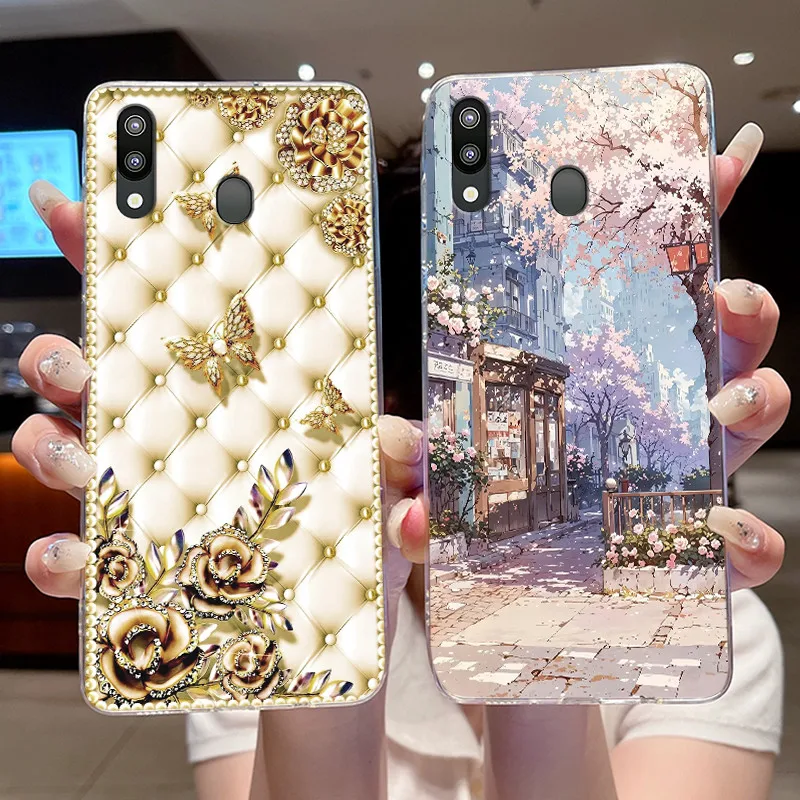 Popular Simple Phone Cover For Samsung Galaxy M20 Shockproof TPU Soft Cover Happy Milk Tea Rabbit Pattern Transparent Shell