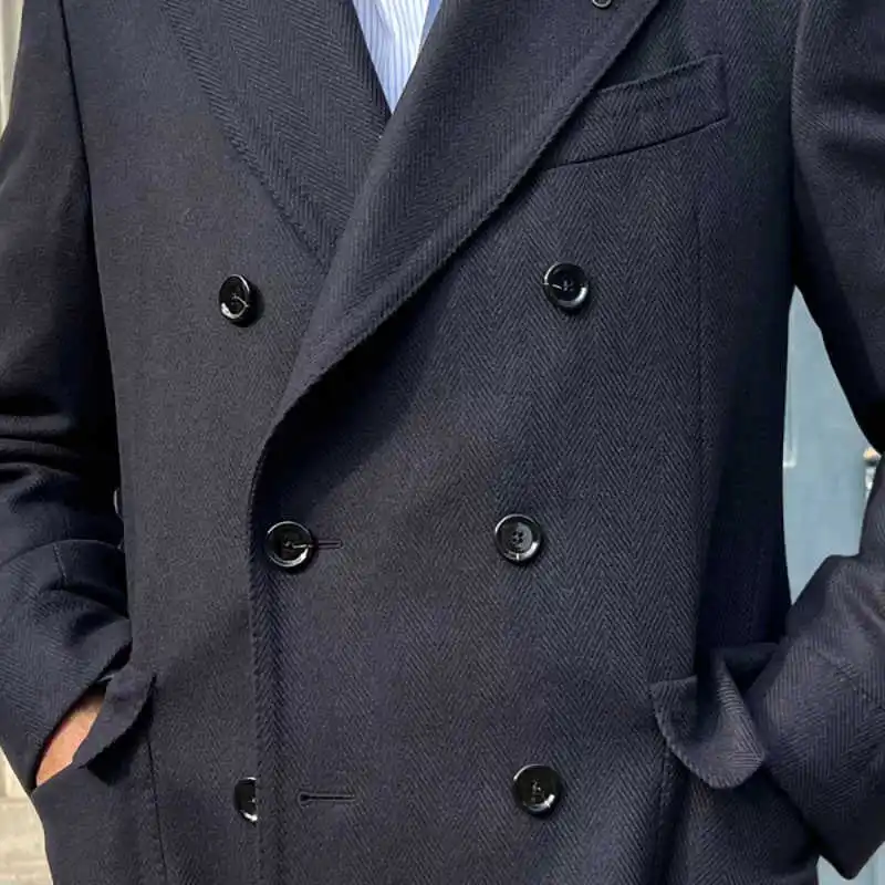 クラシックメンズロングオーバーコート ダブルブレスト ピークドラペル メンズウィンターウォームコート ビジネス外出コート カスタムメイド
