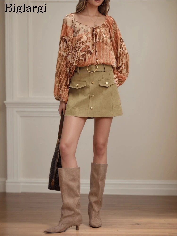 

Autumn Cargo Skirt Women Retro Fashion Loose Korean Style Ladies Skirts High Waist Casual A-Line Woman Mini Skirt