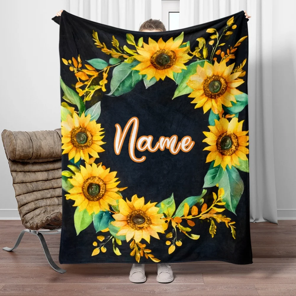 Custom name sunflower theme fleece blanket, suitable for sofa, bed, birthday, children, girls, friends, gifts