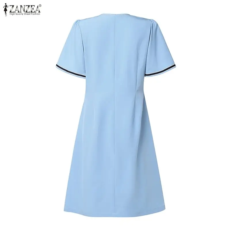 ZANZEA Vestido elegante hasta la rodilla para Mujer, cuello en V, ribete en contraste, manga corta, con botones, vestidos de corte A, Vestidos de trabajo de oficina para Mujer