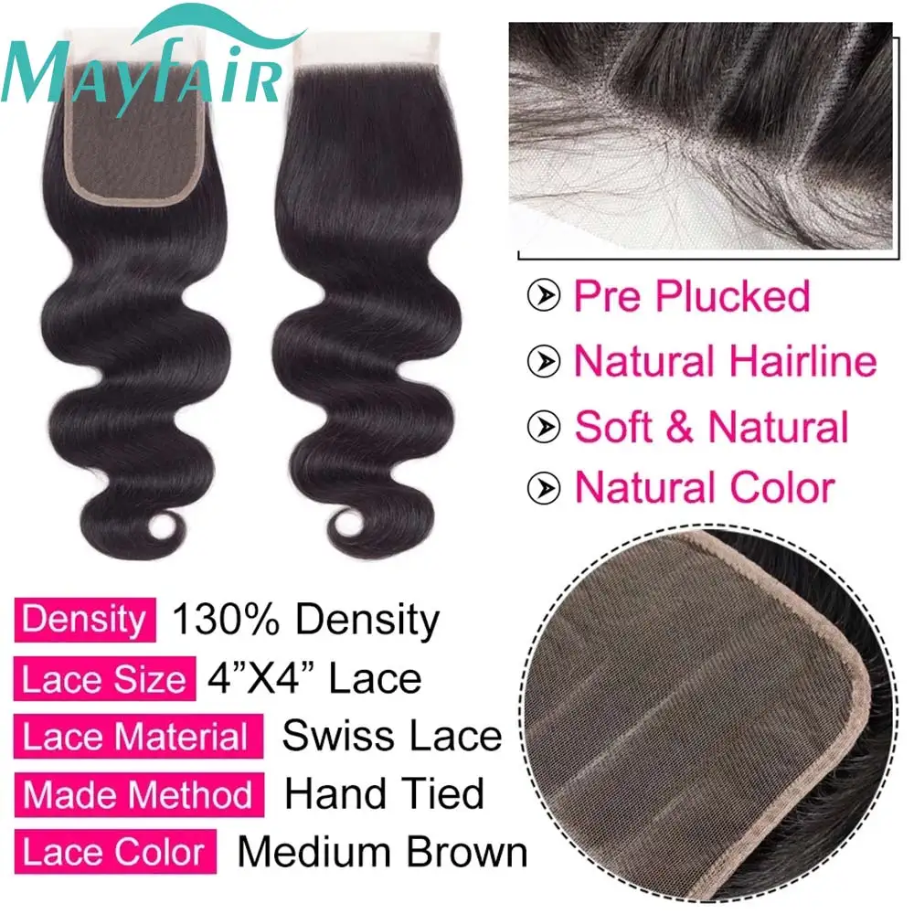 Body Wave 13x4 Lace Frontal Closure Human Hair Peruvian Wavy 4x4 HD Transparent Lace Closure Knot Bleached Natural Color