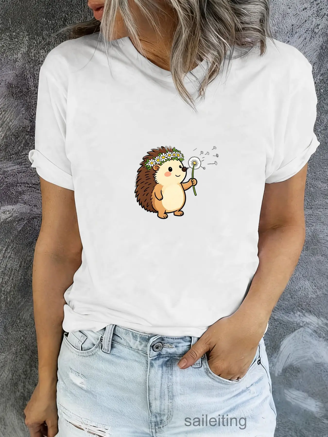 Cute Hedgehog Cartoon T-Shirt Women Men - Soft Casual Short Sleeve Tee with Dandelion and Music Notes, Funny Summer Breathabl