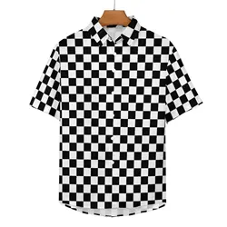 Black And White Check Print Casual Shirts Checkerboard Style Vacation Shirt Summer Street Style Blouses Male Print Large Size