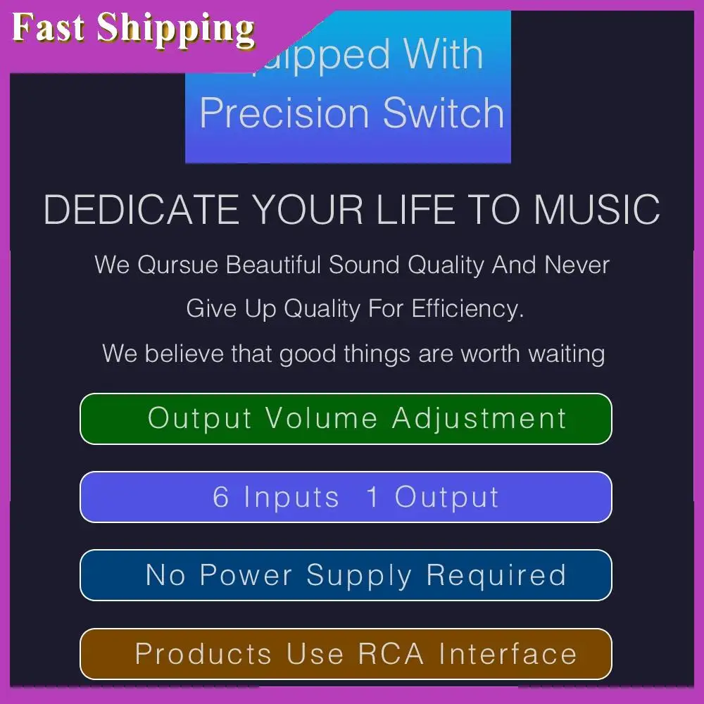 ABRI-6 Input 1 Output Switcher Audio Source Selection Switcher RCA Audio Input Signal Selector Switch With Volume Adjustment And