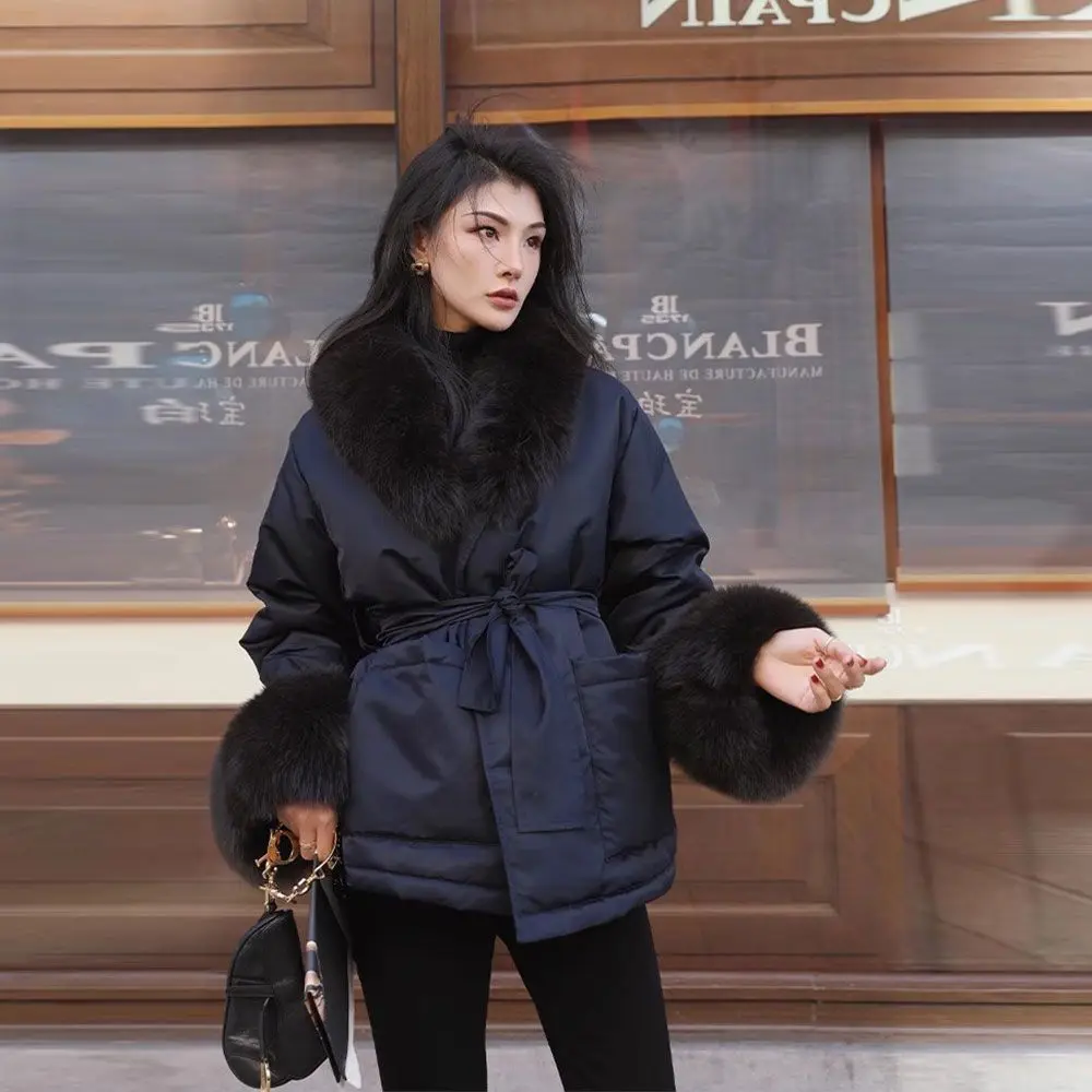 Light Luxury Winter Short Thicken Parkas Coat Jacket Women Fur Collar Lacing Up Overcoat Warm Outerwears 2023