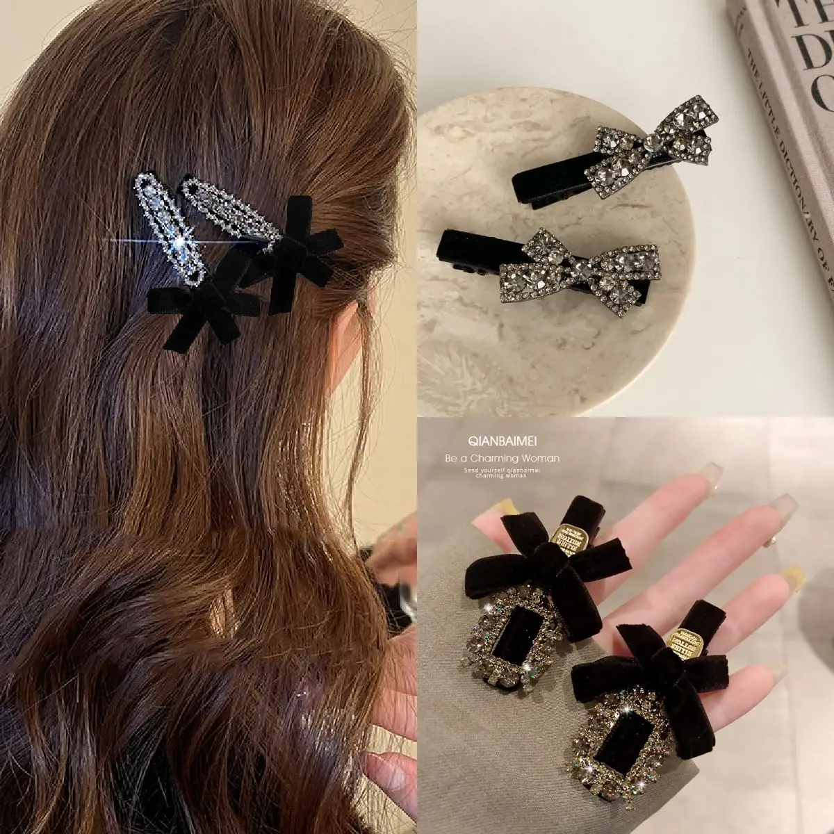 

Light luxury retro velvet bow hairpin, small fragrant style, gray rhinestone, advanced sense bangs clip, one-word clip