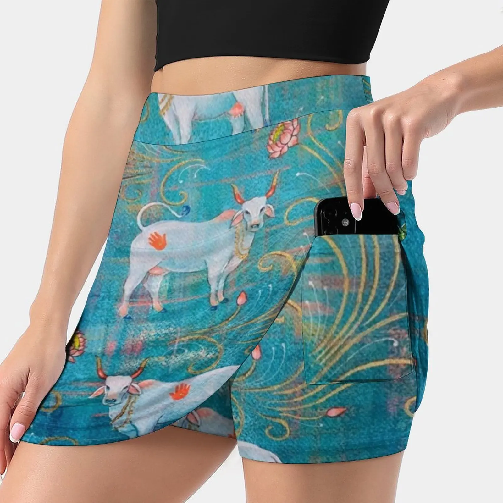 His Cows Women's skirt Mini Skirts A Line Skirt With Hide Pocket Cows Blue Turquoise Lotus Flowers Krishna Krsna Gomata Premi