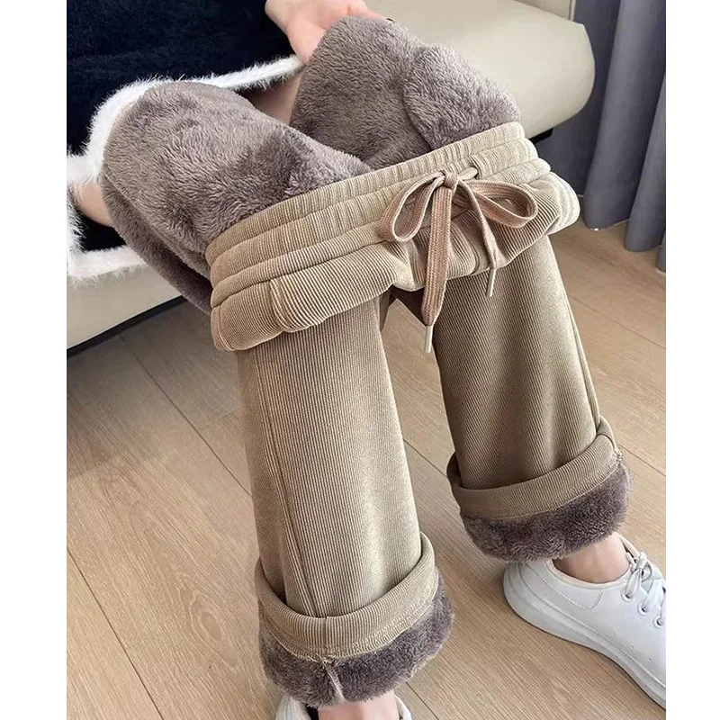 Winterhosen für Mädchen, warme, dicke Samthose, modische Damenhose mit hoher Taille, koreanische, einfarbige, thermische Freizeithose für Damen