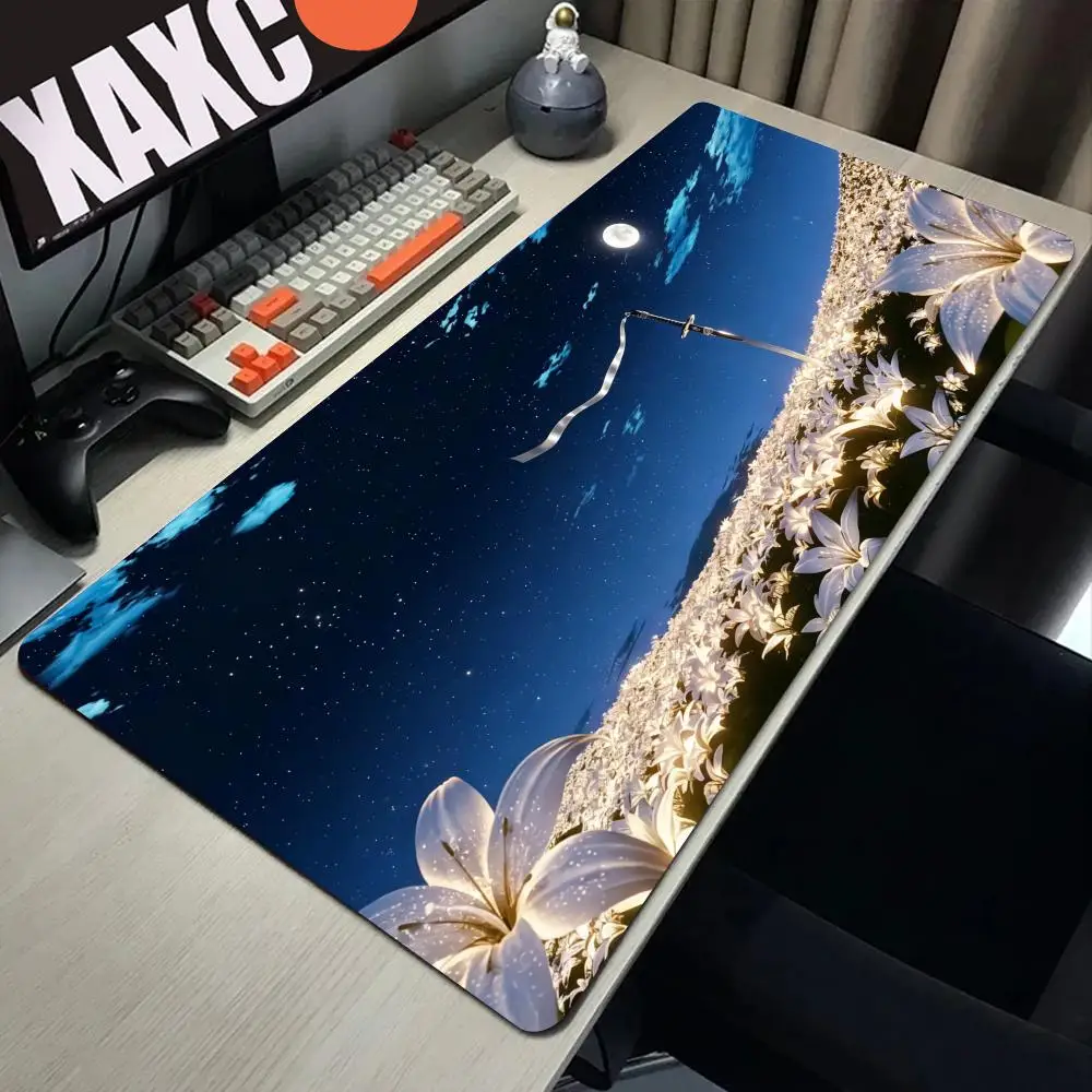 

HYBXAXC Samurai Sword Lily Flower Mouse Pad, Moon Night Katana Desk Mat, Large Non-Slip Gaming Mousepad for Gamer