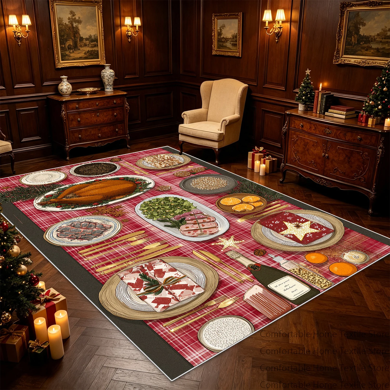 Christmas Thanksgiving Turkey Dinner Print Area Living Room Carpet Soft Short Velvet Dining Room Rug Washable Entrance Door Mat