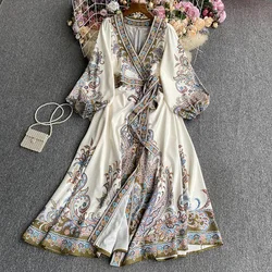 Summer Long Luxury Dress for Women Floral Printed Full Sleeve Lace Up Palace Runway Female Vestidos Chic Paisley New In 2024