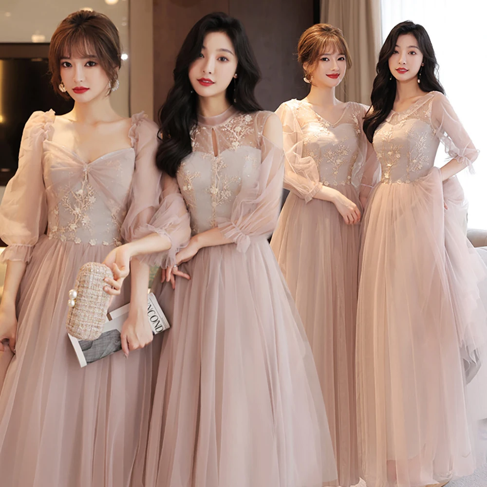 Pink Bridesmaid Dress Women Fairy Tulle Temperament Long Slim Dresses Wedding Banquet Sisters Group Half Sleeve Dress Party Wear