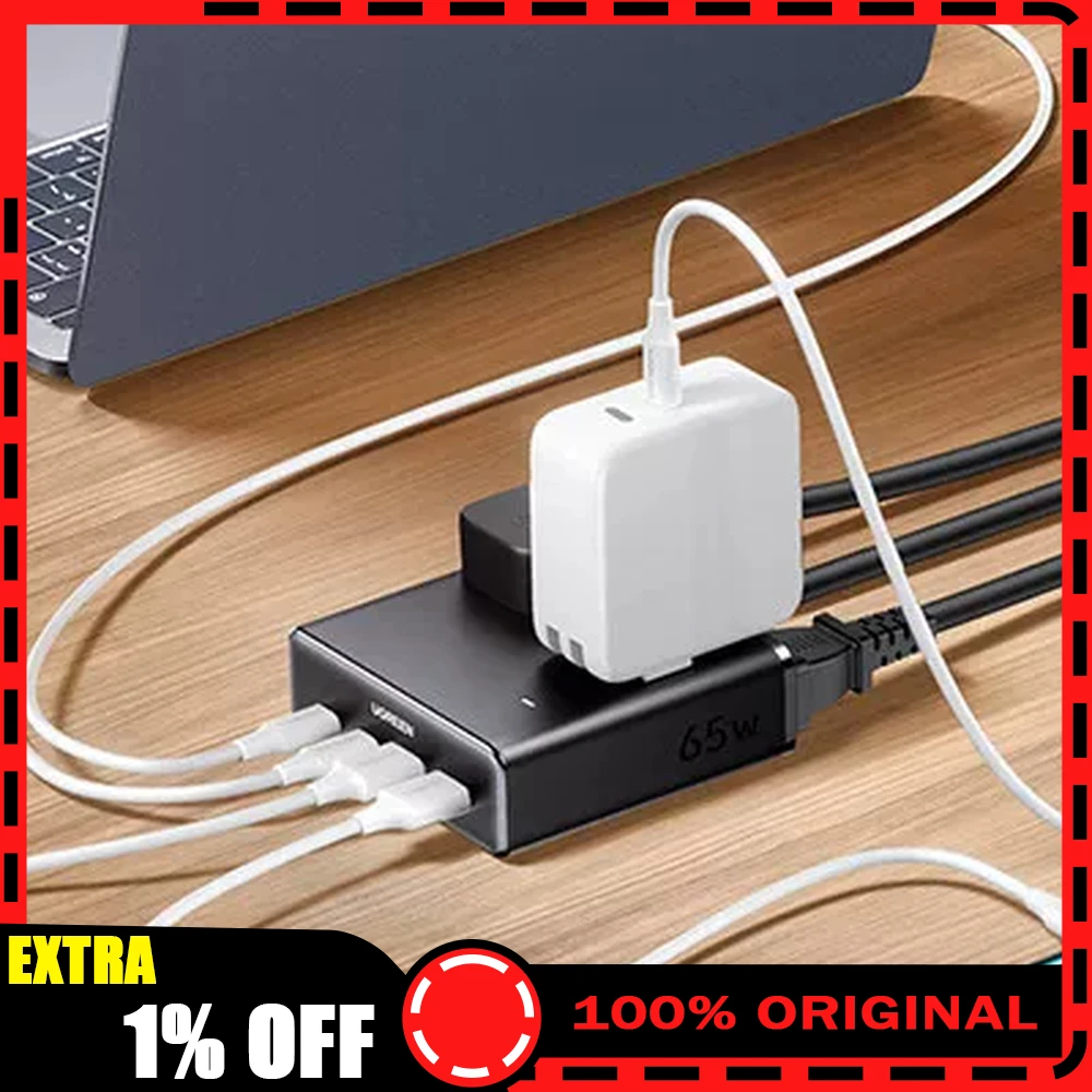 UGREEN 45868 Desktop Charging Station S6 65W Max GaN PD Fast Charger Power Strip 2 USB-C 2 USB-A 4 CN AC Outlets 1.4m Cable
