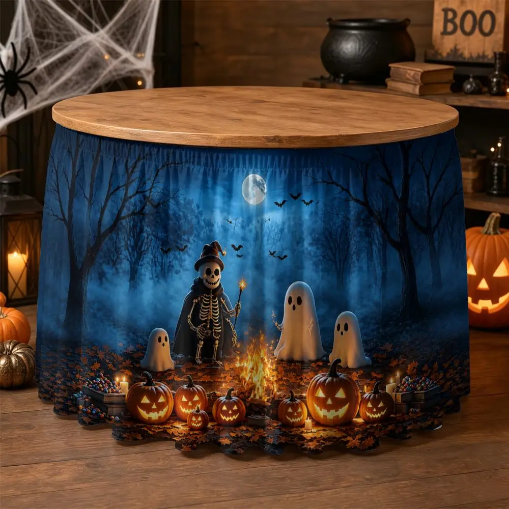 One Halloween tablecloth set, featuring a scene of skulls, ghosts and pumpkins, with quick installation of the tablecloth.zyc