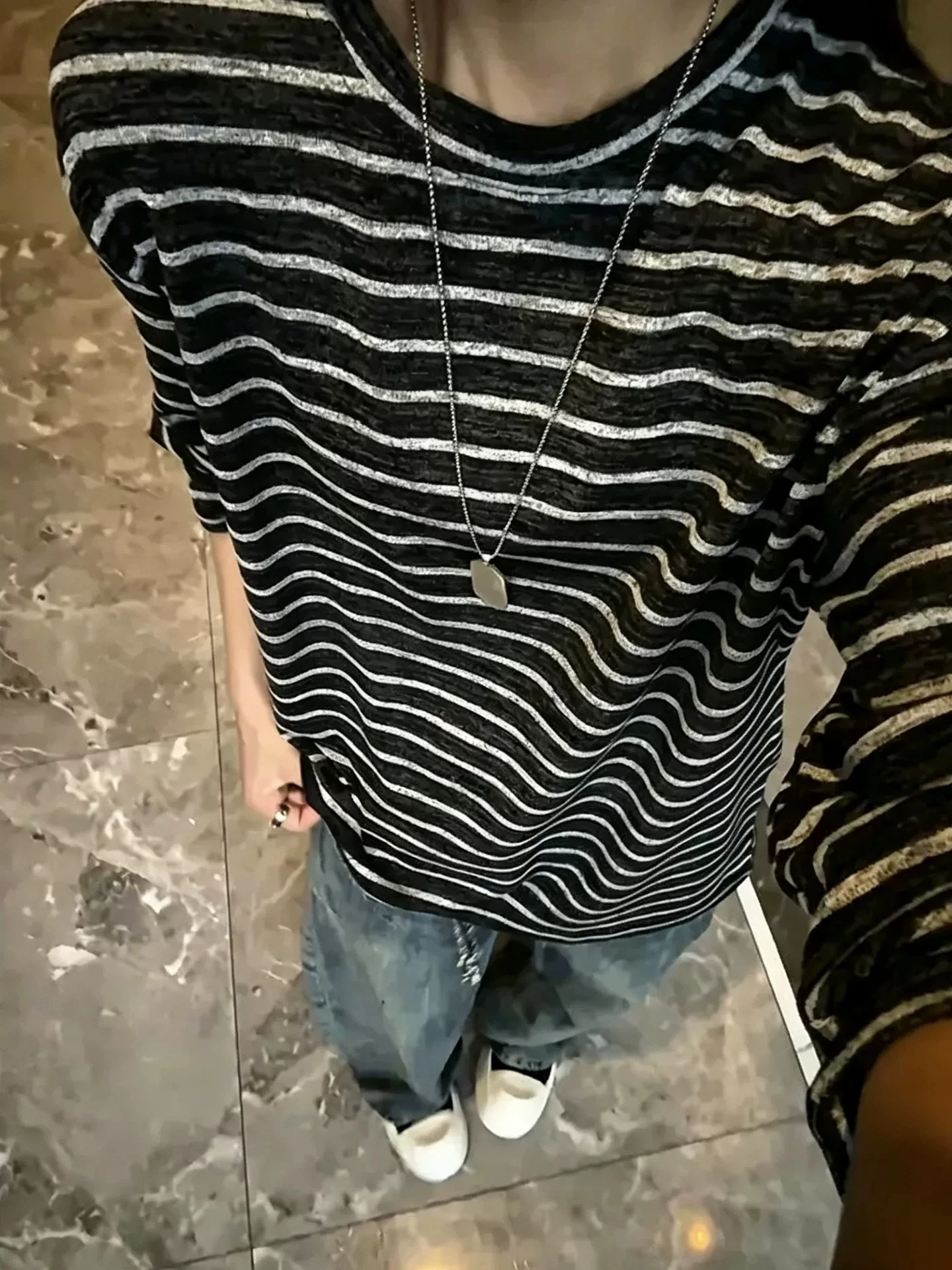 American Style Long Sleeve T-Shirt for Men round Neck Stripe Color Block Loose Fit Base Shirt Inner Wear Autumn Season Casual...