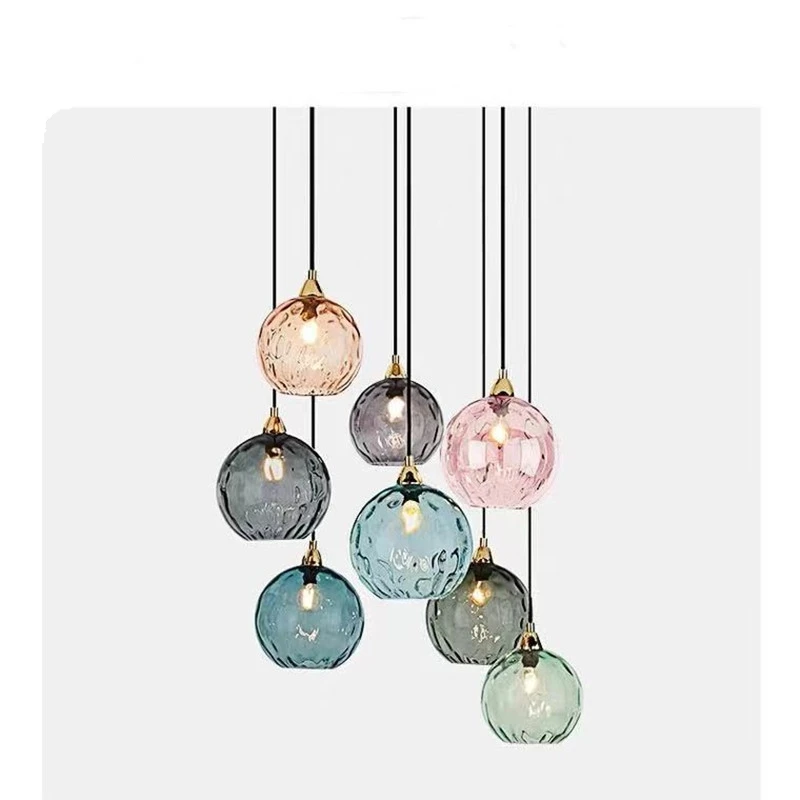 Nordic Colored Glass Ball Lustre Pendant Lights Modern Water Grain Restaurant Kitchen Hanging lamp Bedroom Bedside Lamp Fixtures