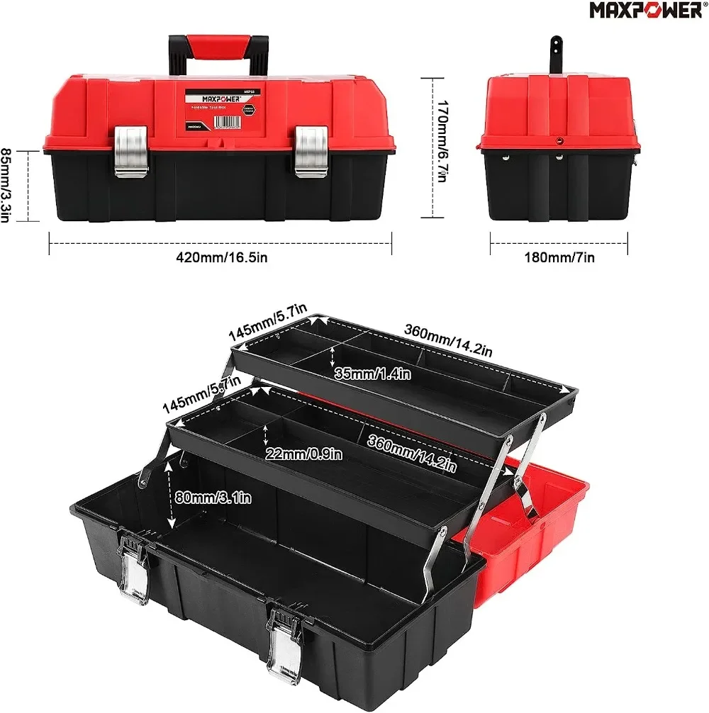 กล่องเครื่องมือ17นิ้วกล่องเครื่องมือเก็บของพลาสติกพับได้สามชั้นออแกไนเซอร์อเนกประสงค์พร้อมถาดและที่แบ่ง