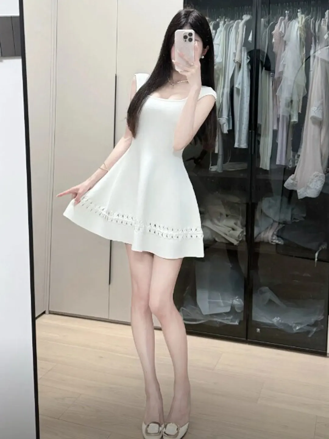 

Summer New Style French Style Soft Wind Slimming Strap Dress Pure Color Waist Cinched Cotton Blend mid Stretch A-Line Gown