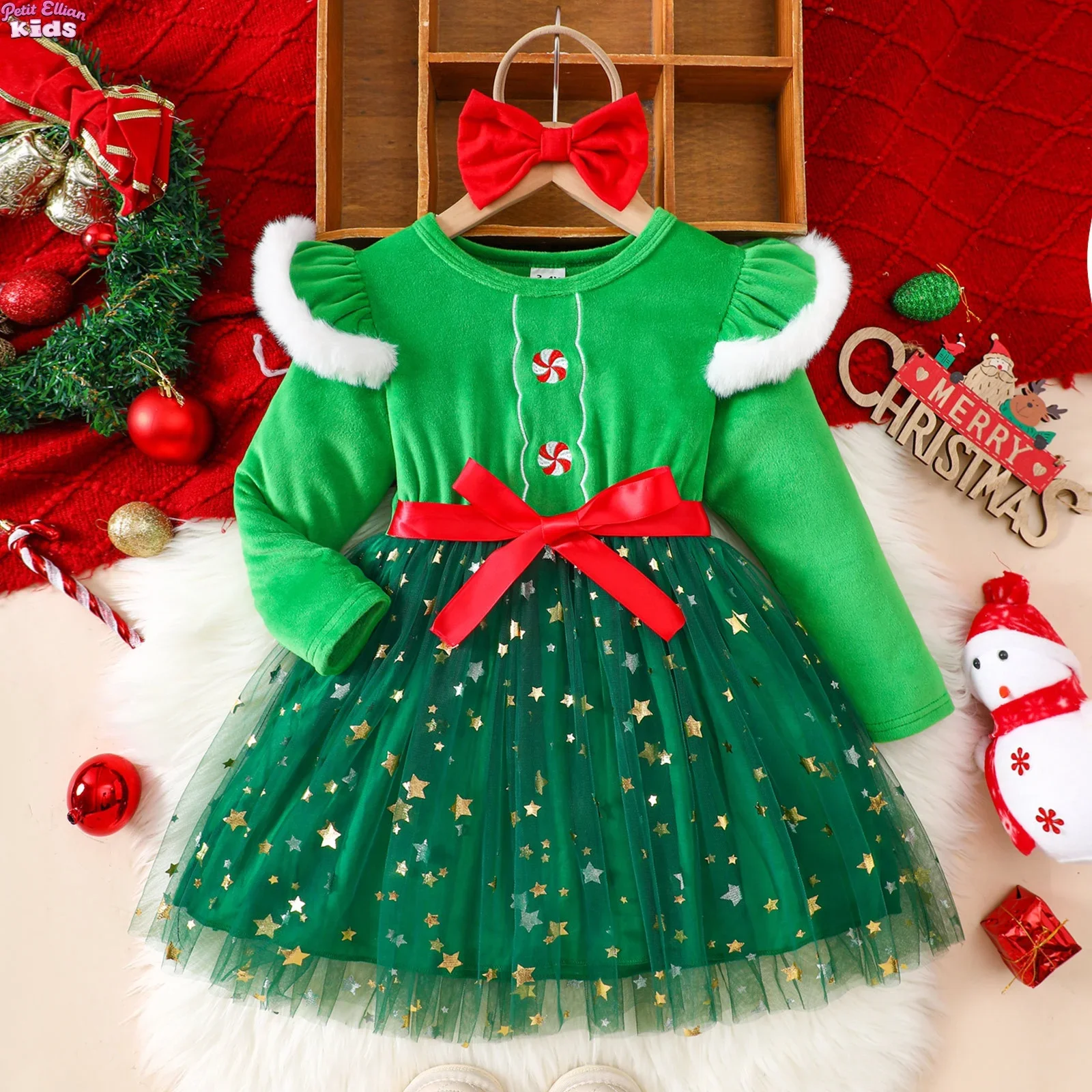 

Baby Girl Christmas Dress 2Pcs Sets 1-6Y Girls Party Dresses Cotton Silver Fox Velvet Long Sleeve Tulle Star Dress with Headband