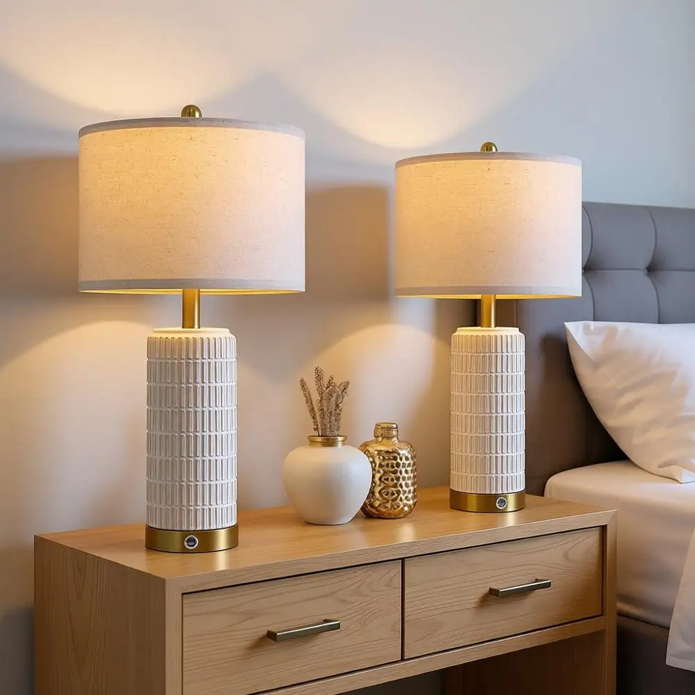Dimmable Nightstand Touch Lamps for Bedroom Living Room, 25'' USB Ports, White and Beige