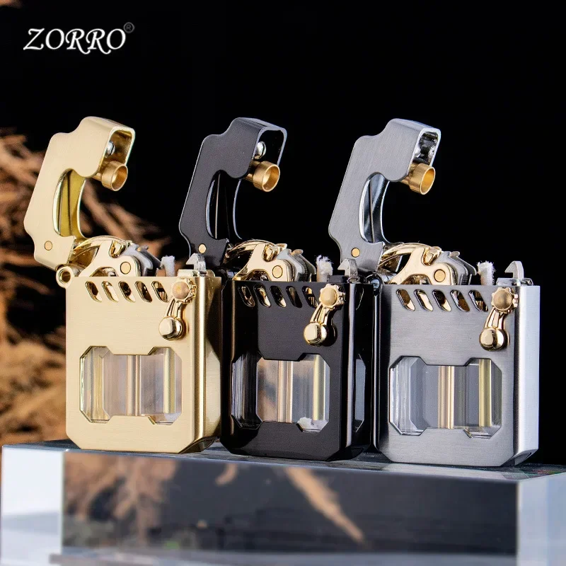 ZORRO Metal Mech High Quality Grinding Wheel One Click Launch Ignition Kerosine Lighter Visible Gas Window Lighters Smoking Gift