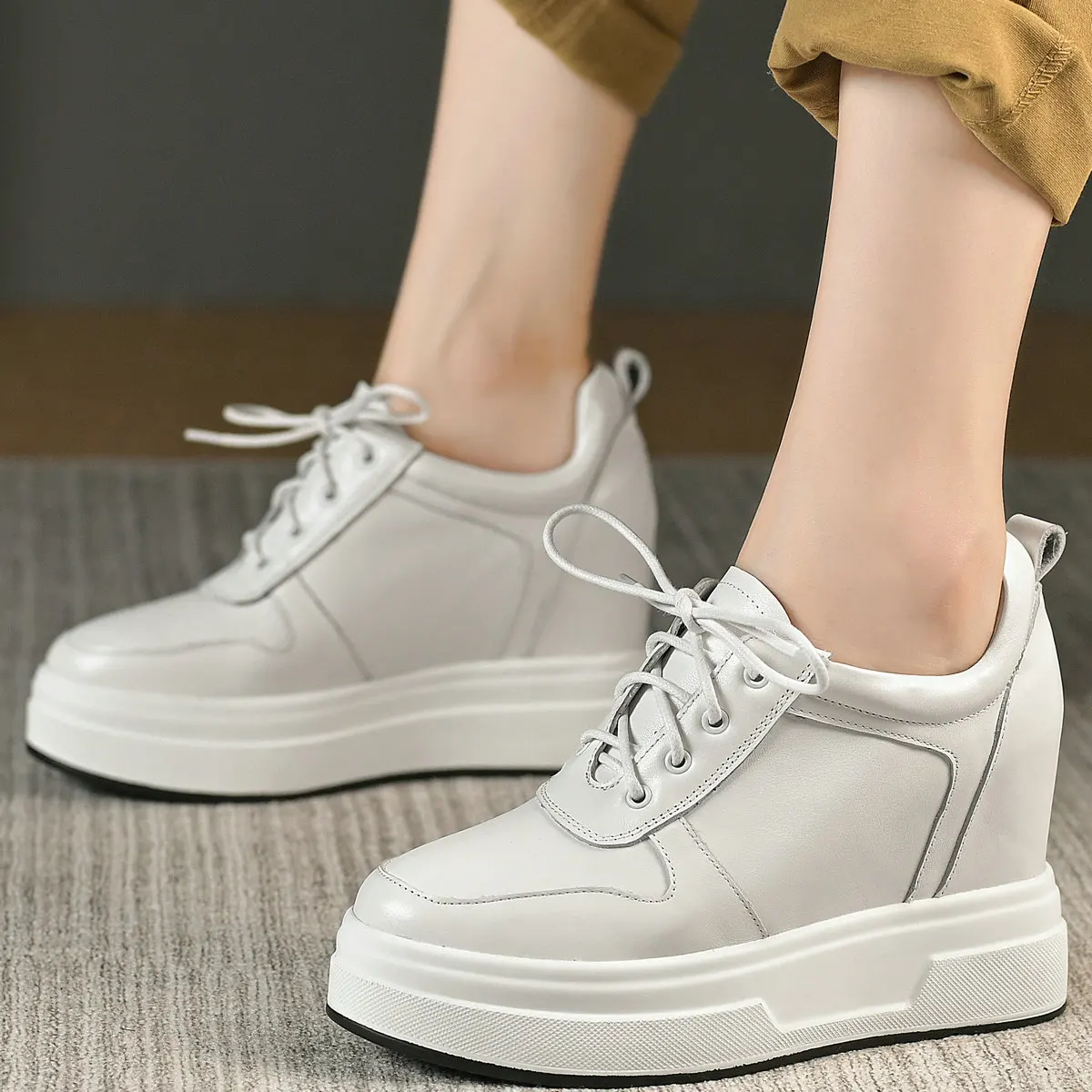 

Vulcanized Shoes Women Lace Up Genuine Leather Wedges High Heel Ankle Boots Female Round Toe Platform Pumps Shoes Casual Shoes