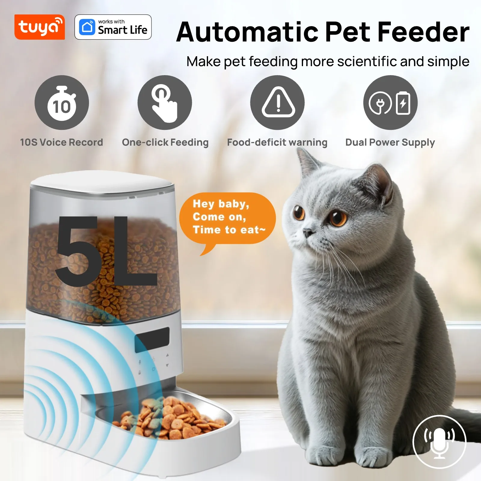 5L Automatic Cat Feeder with Button, Pet Feeder with 10s Meal Call,Timed,Low Food Alerts, Dual Power Supply,Desiccant Bag-Single